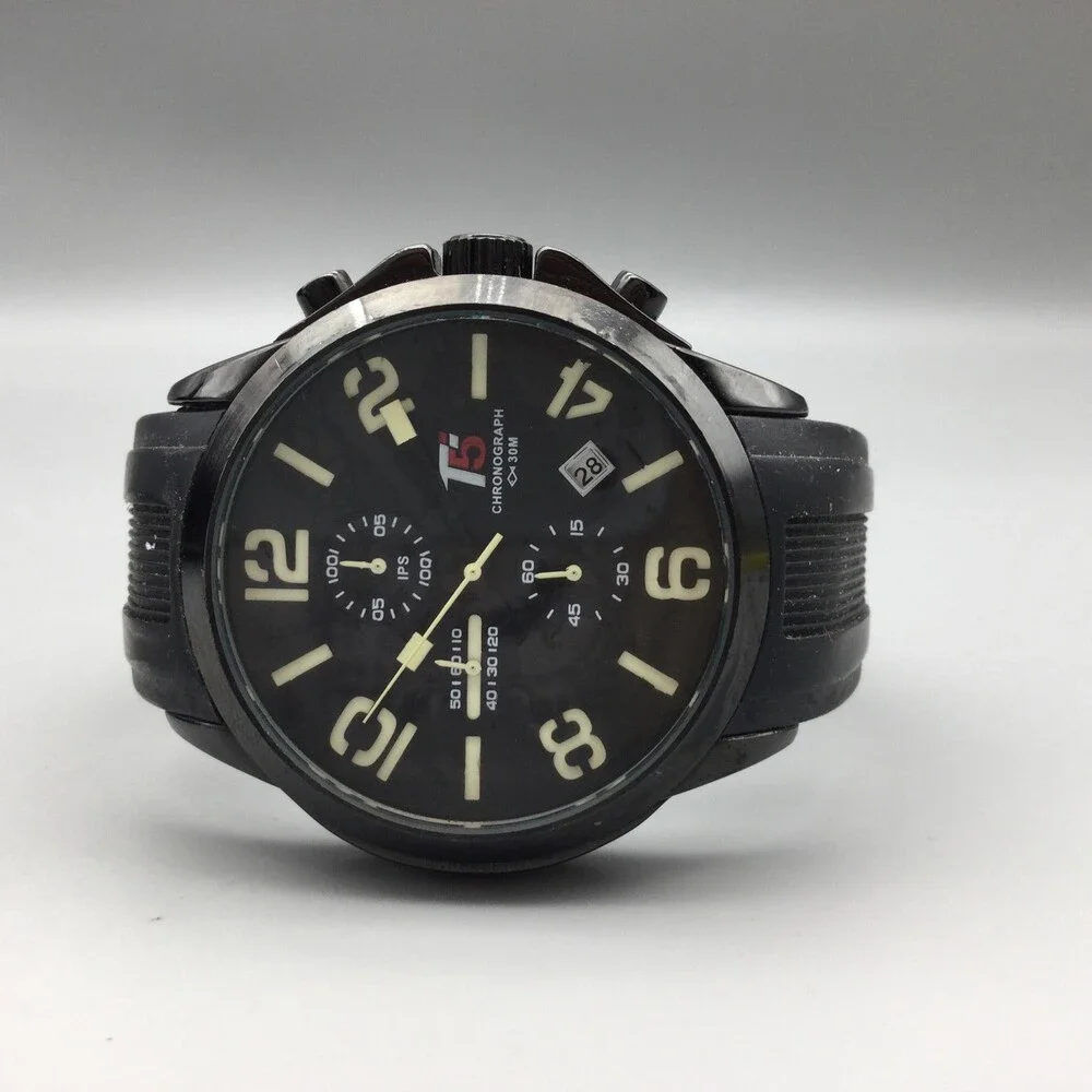 T5 Chronograph Watch Mens 44mm Black Dial Black Rubber Strap Date New Battery